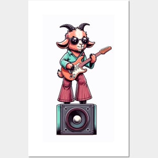 Groovy 70s Guitar-Playing Goat - Colorful Cartoon Vector Art Posters and Art